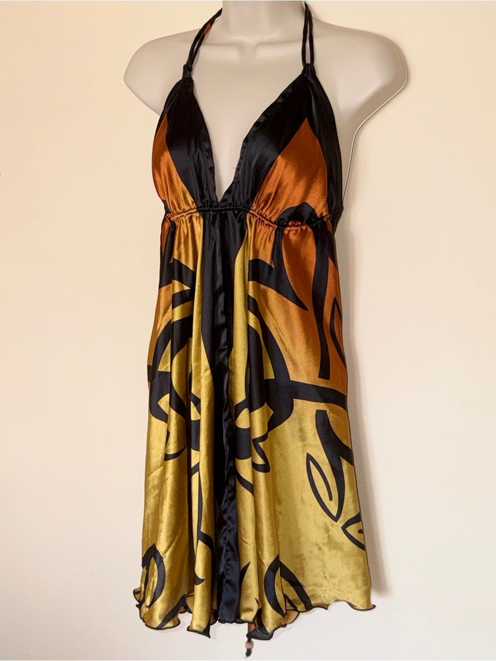 Y2K Black & Burnt Orange Satin Halter Dress - Picture 5 of 16